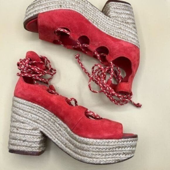Tory Burch Poppy Orange Lace Up Positano Platform Espadrille Size 7 - Picture 7 of 10